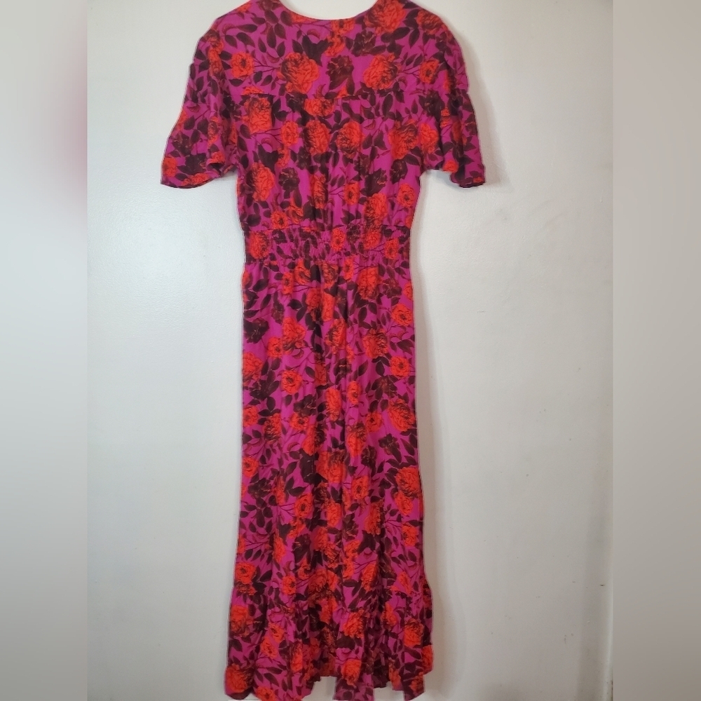 Abel The Label Purple Red Floral Midi Dress Size Medium High-Low Flutter Sleeves - Picture 8 of 12
